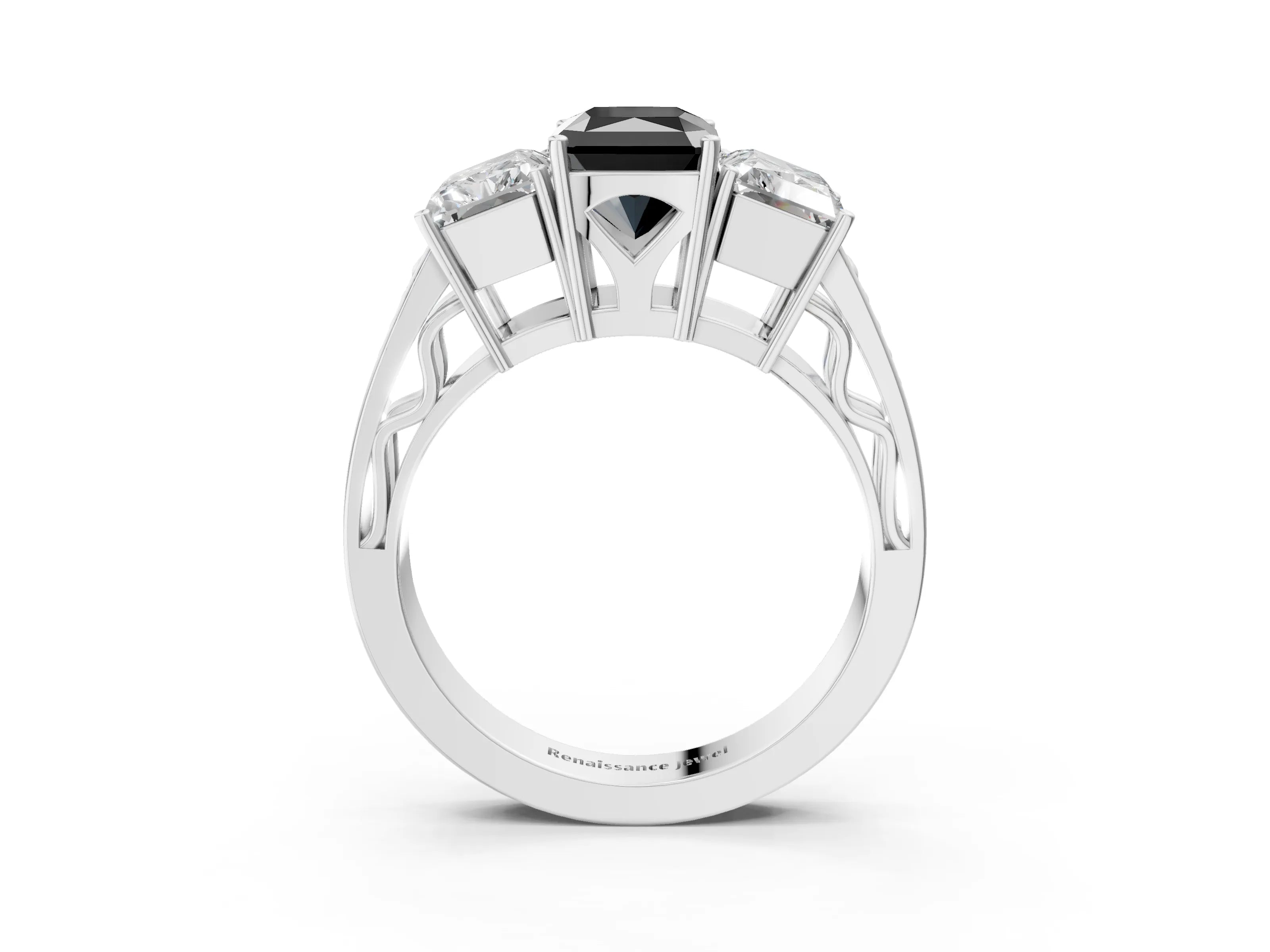 White gold Fancy Black Radiant Cut Diamond Three-Stone Ring with Prong Setting and Textured Band_15