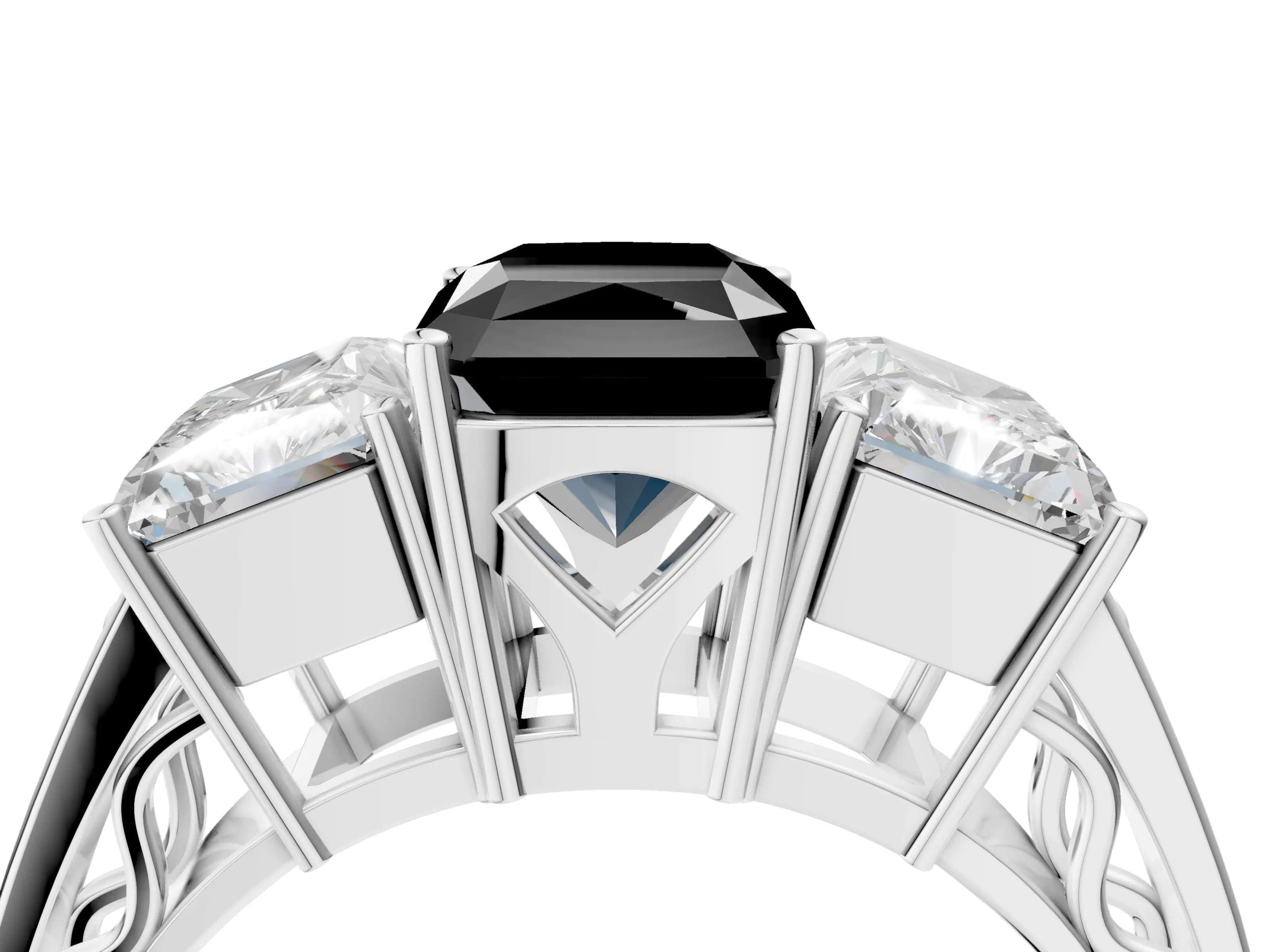White gold Fancy Black Radiant Cut Diamond Three-Stone Ring with Prong Setting and Textured Band_16