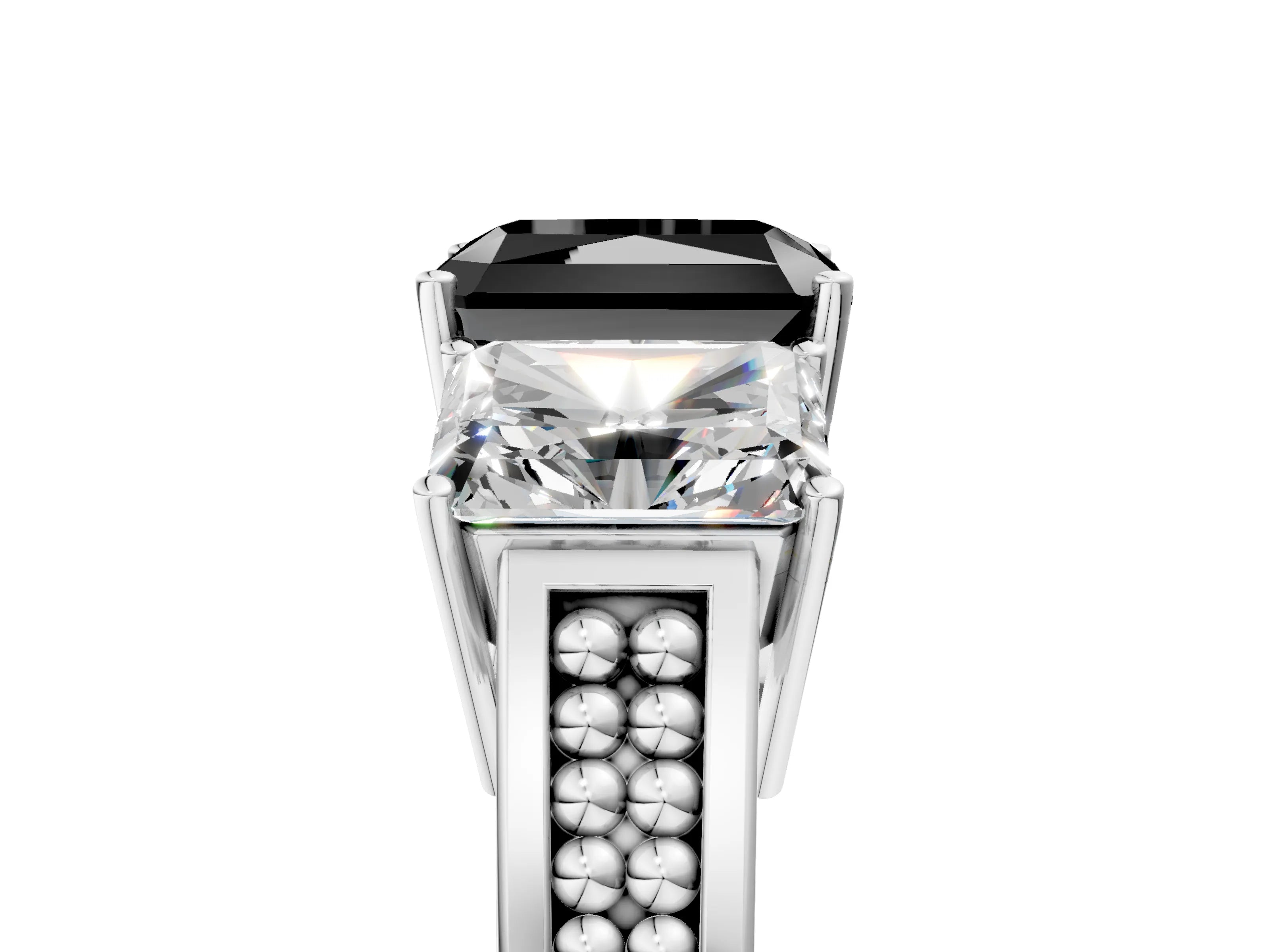 White gold Fancy Black Radiant Cut Diamond Three-Stone Ring with Prong Setting and Textured Band_17
