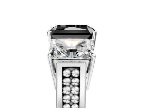 White gold Fancy Black Radiant Cut Diamond Three-Stone Ring with Prong Setting and Textured Band_17