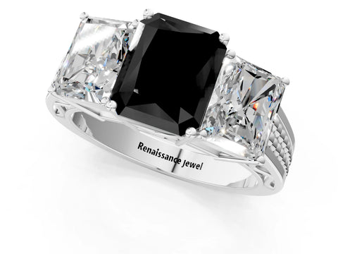 White gold Fancy Black Radiant Cut Diamond Three-Stone Ring with Prong Setting and Textured Band_1