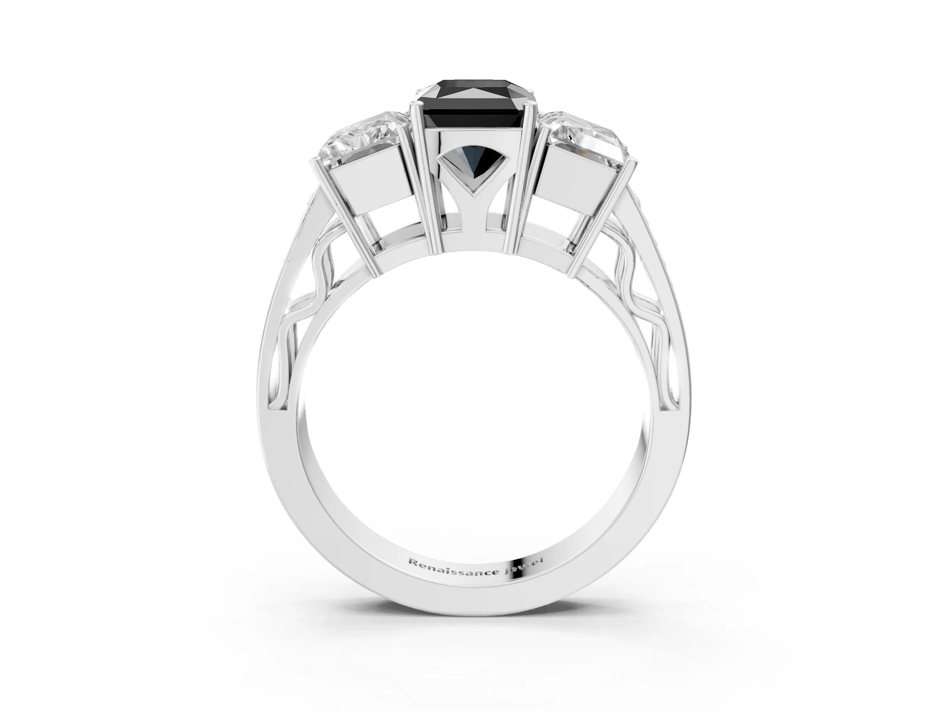 White gold Fancy Black Radiant Cut Diamond Three-Stone Ring with Prong Setting and Textured Band_3