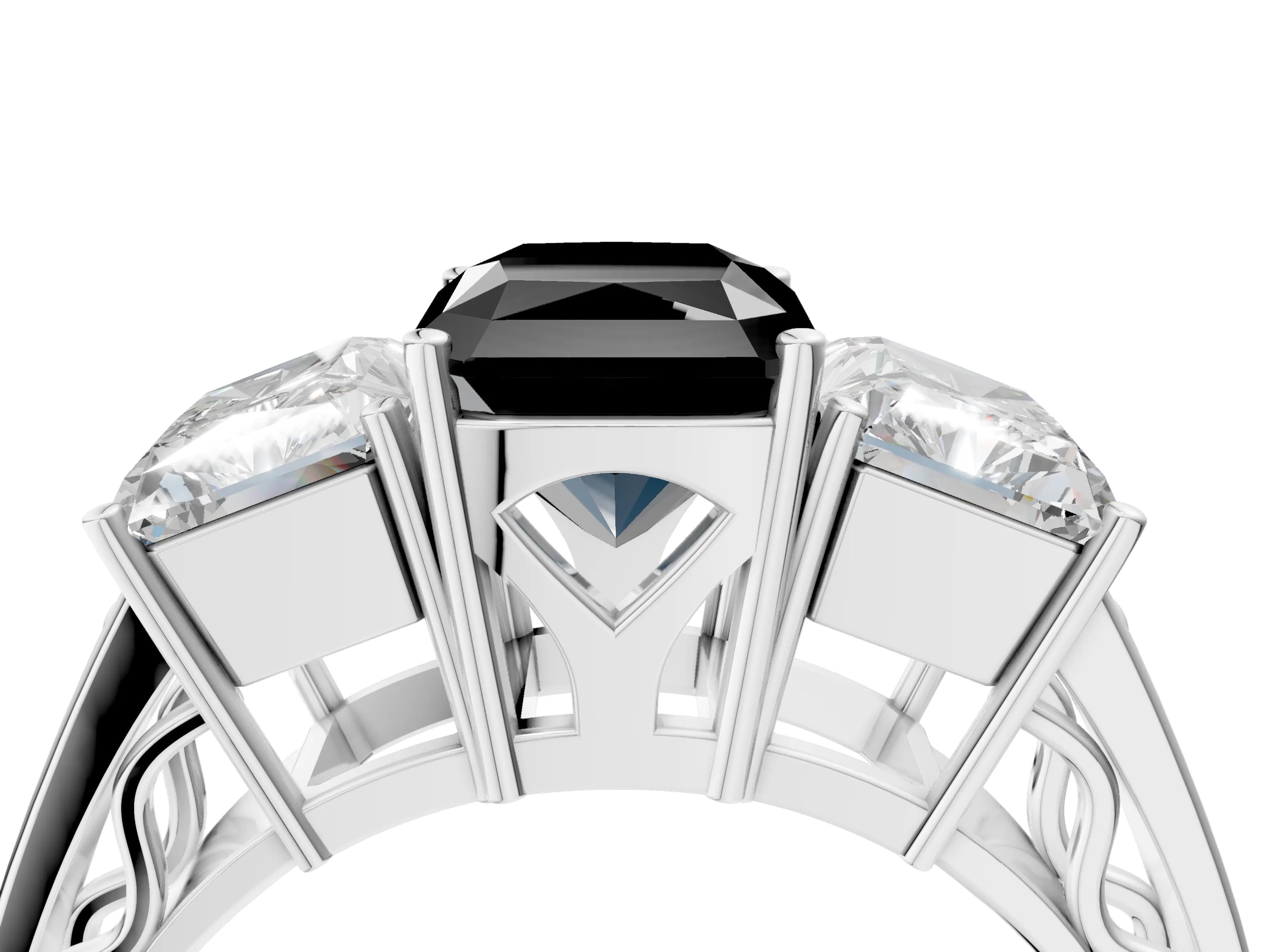 White gold Fancy Black Radiant Cut Diamond Three-Stone Ring with Prong Setting and Textured Band_4