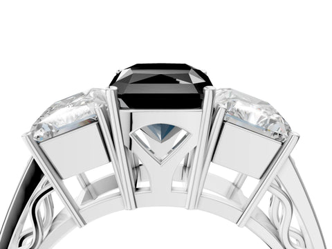 White gold Fancy Black Radiant Cut Diamond Three-Stone Ring with Prong Setting and Textured Band_4