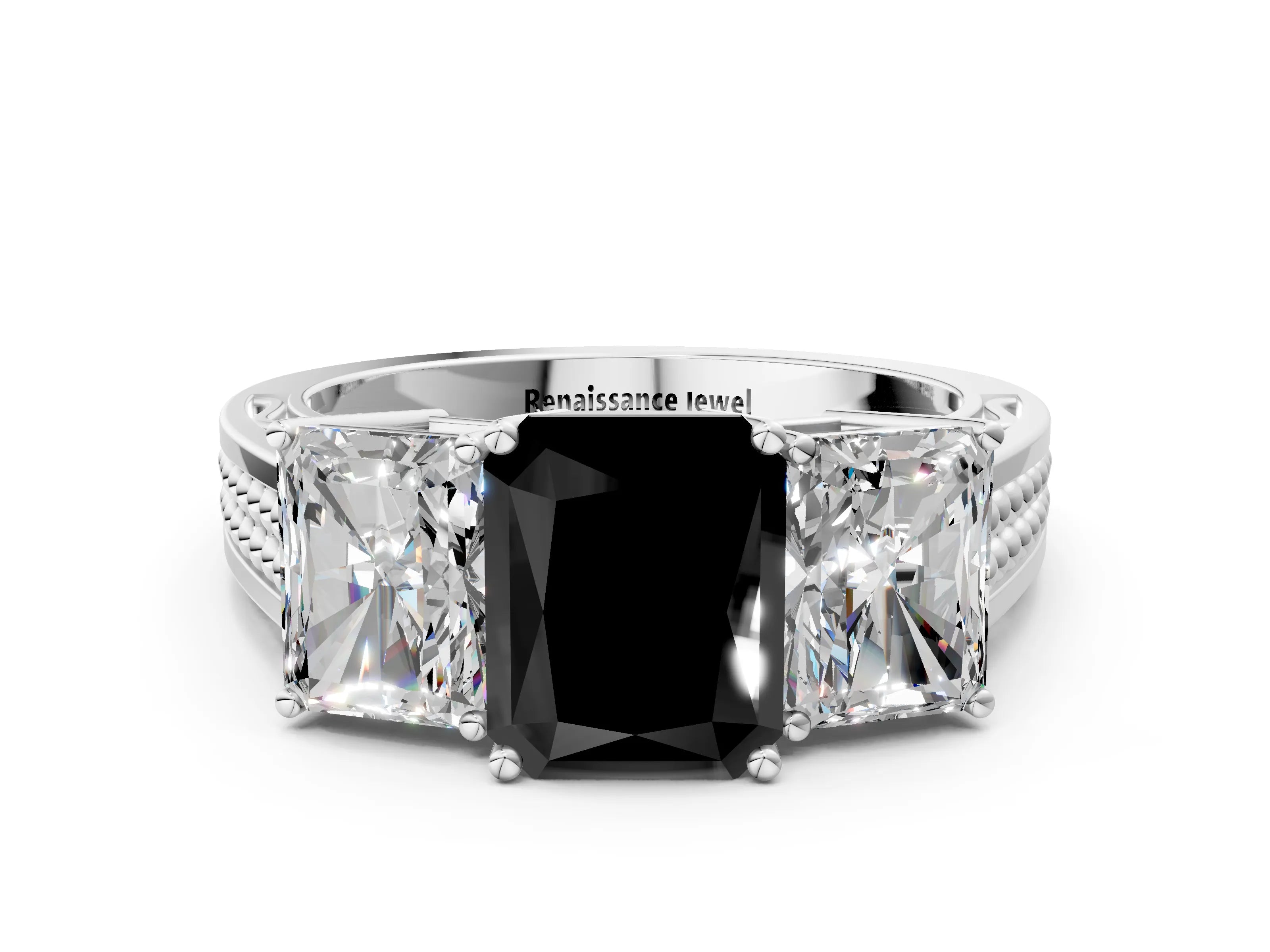 White gold Fancy Black Radiant Cut Diamond Three-Stone Ring with Prong Setting and Textured Band