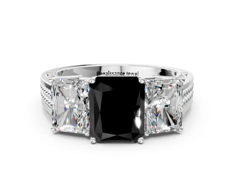 White gold Fancy Black Radiant Cut Diamond Three-Stone Ring with Prong Setting and Textured Band