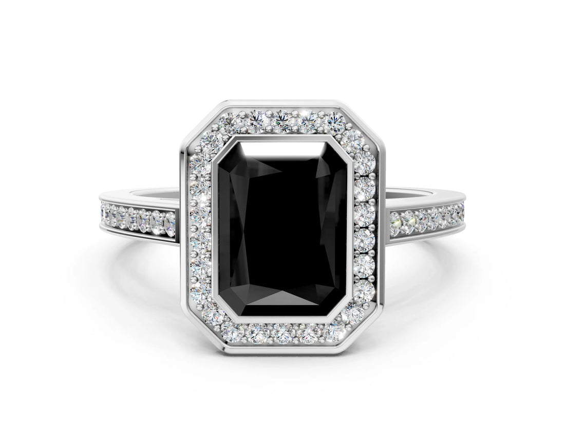 White gold Fancy Black Radiant Cut Halo Bezel Diamond Pave Band Ring