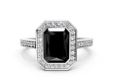 White gold Fancy Black Radiant Cut Halo Bezel Diamond Pave Band Ring
