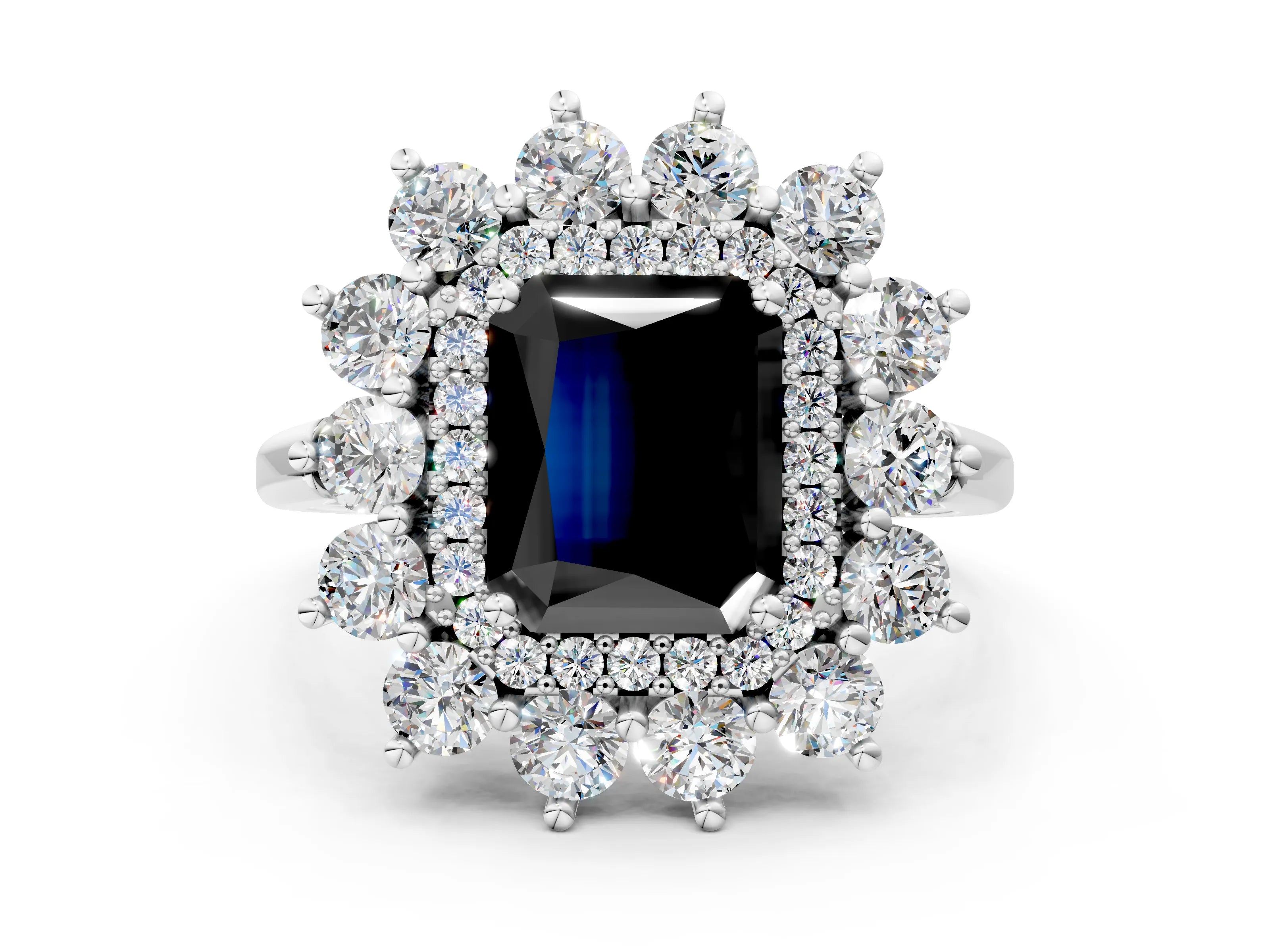 White gold Fancy Black Radiant Cut Halo Cluster Diamond Ring with Pave Band and Four-Prong Setting