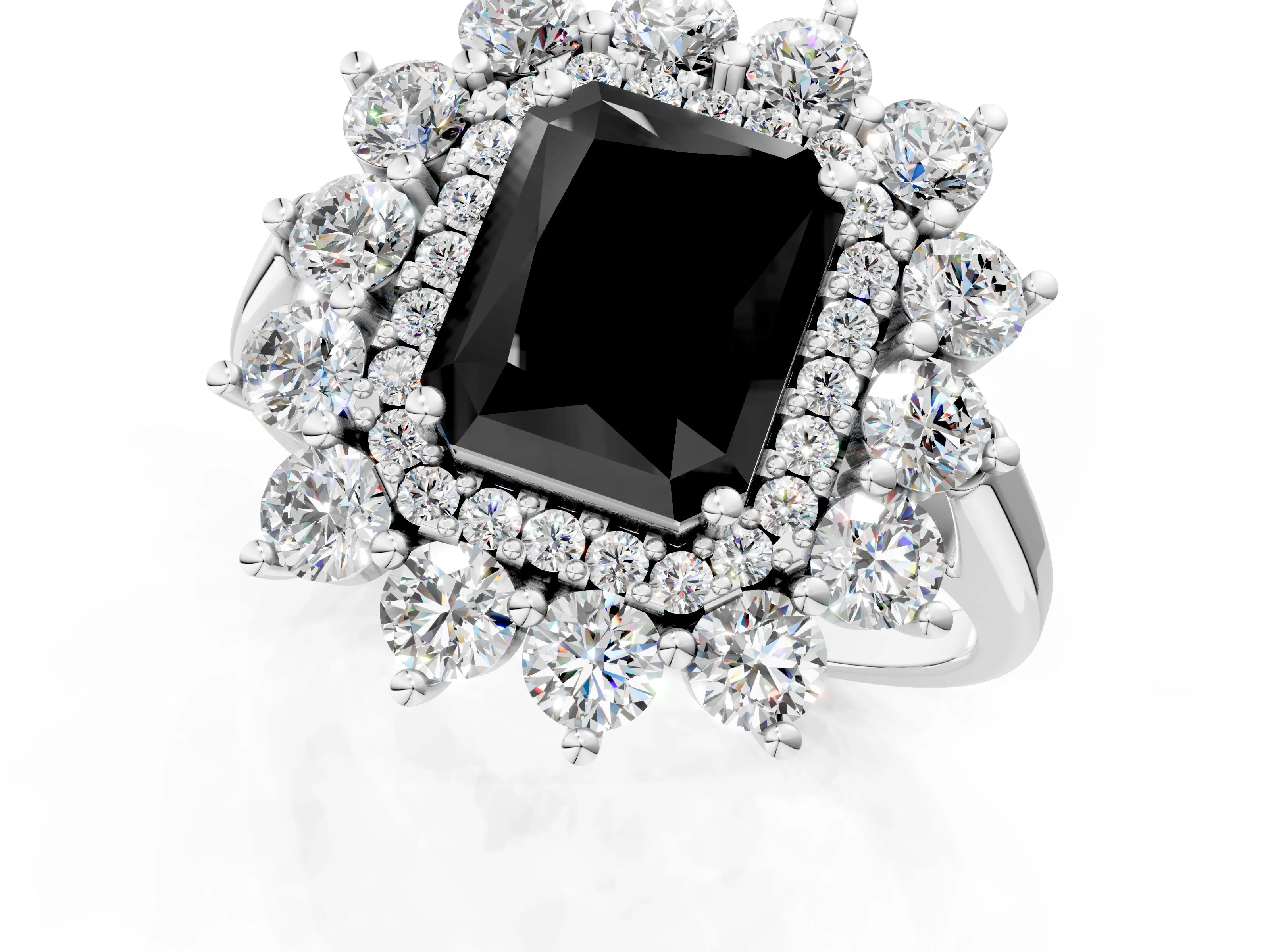 White gold Fancy Black Radiant Cut Halo Cluster Diamond Ring with Pave Band and Four-Prong Setting_13
