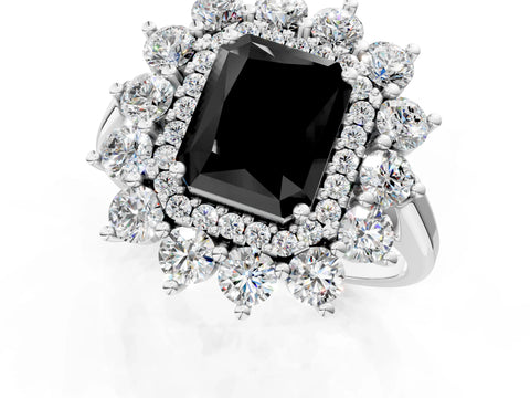 White gold Fancy Black Radiant Cut Halo Cluster Diamond Ring with Pave Band and Four-Prong Setting_13