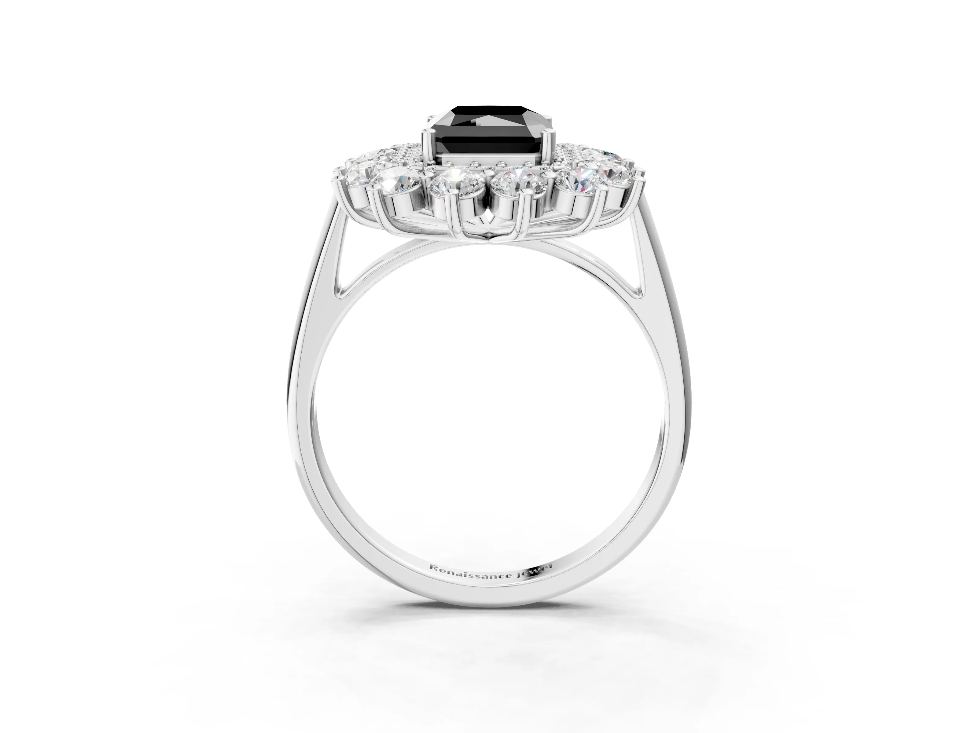 White gold Fancy Black Radiant Cut Halo Cluster Diamond Ring with Pave Band and Four-Prong Setting_15
