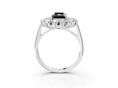 White gold Fancy Black Radiant Cut Halo Cluster Diamond Ring with Pave Band and Four-Prong Setting_15