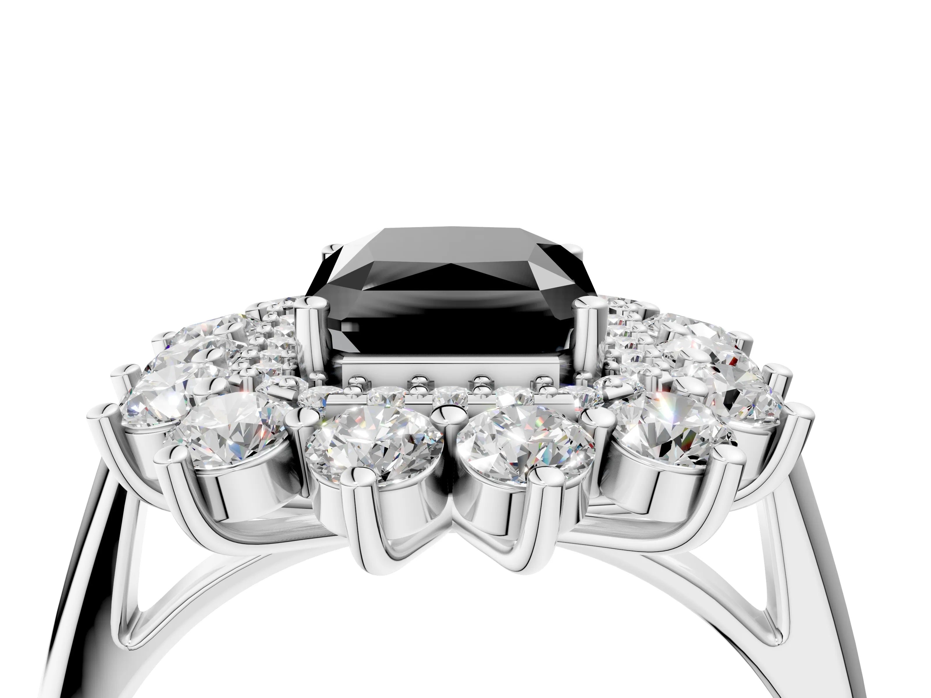 White gold Fancy Black Radiant Cut Halo Cluster Diamond Ring with Pave Band and Four-Prong Setting_16