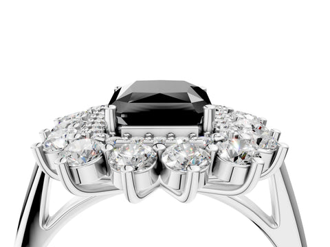White gold Fancy Black Radiant Cut Halo Cluster Diamond Ring with Pave Band and Four-Prong Setting_16