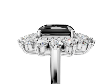 White gold Fancy Black Radiant Cut Halo Cluster Diamond Ring with Pave Band and Four-Prong Setting_17