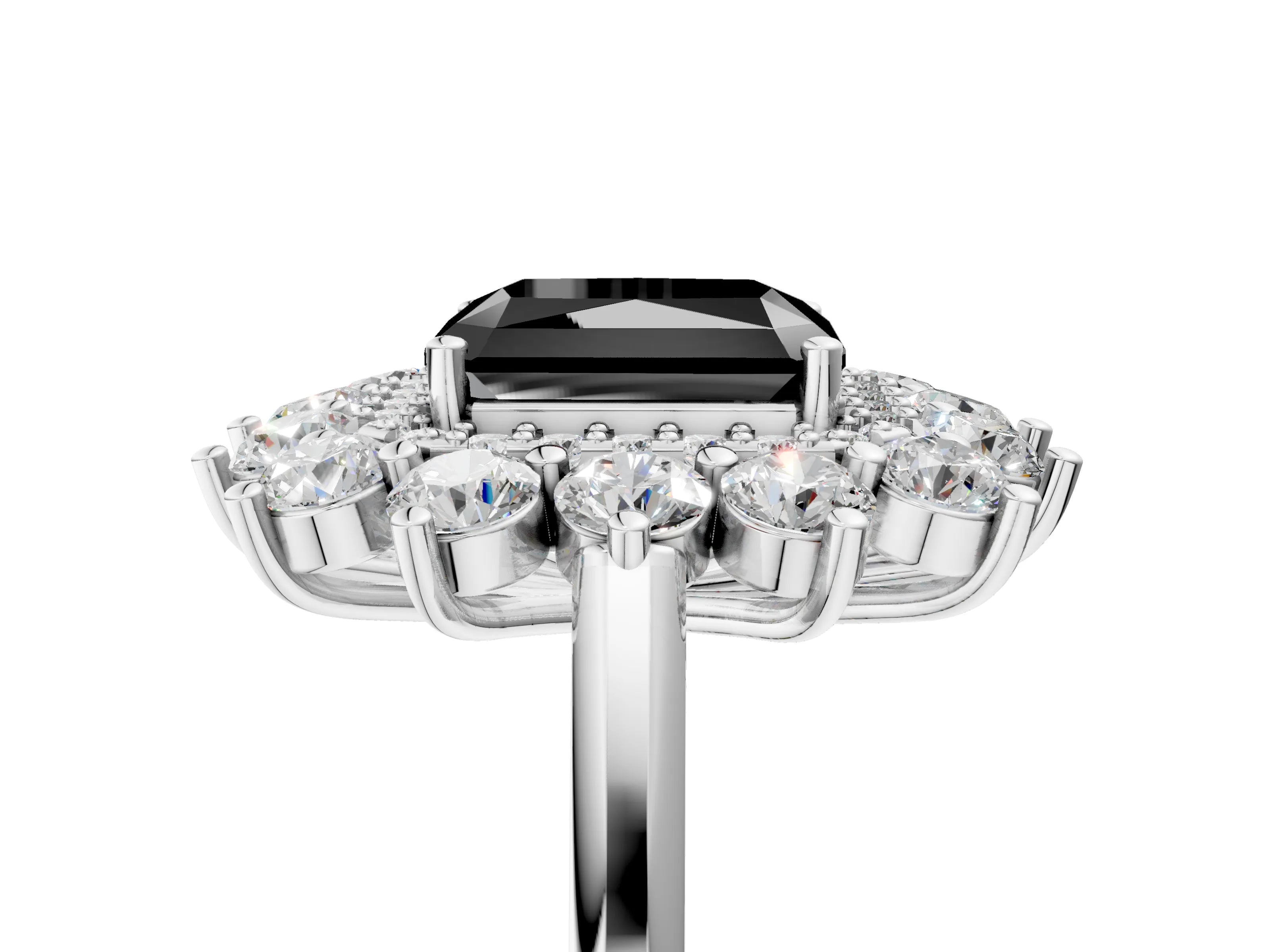 White gold Fancy Black Radiant Cut Halo Cluster Diamond Ring with Pave Band and Four-Prong Setting_17