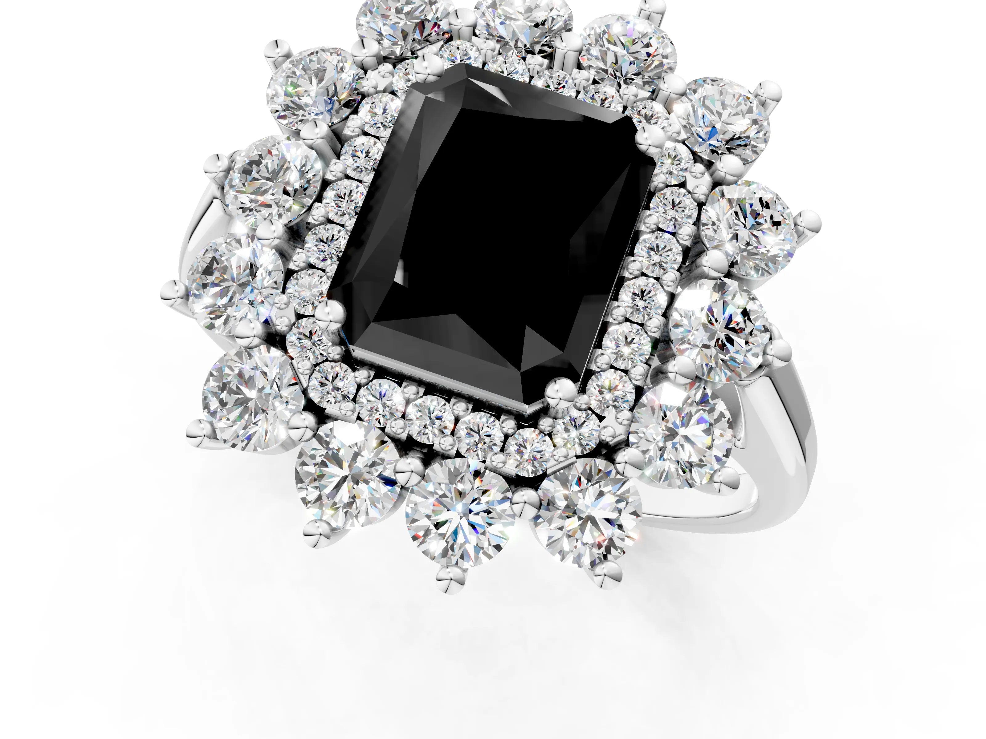 White gold Fancy Black Radiant Cut Halo Cluster Diamond Ring with Pave Band and Four-Prong Setting_1