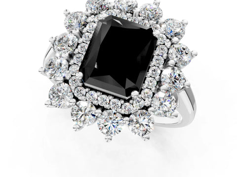 White gold Fancy Black Radiant Cut Halo Cluster Diamond Ring with Pave Band and Four-Prong Setting_1