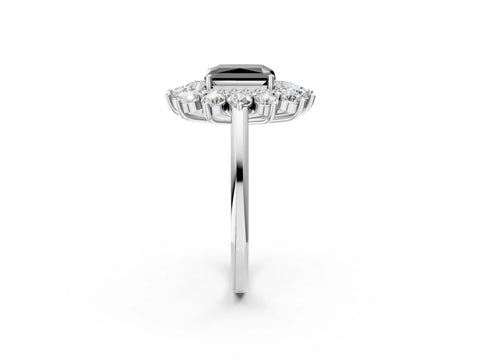 White gold Fancy Black Radiant Cut Halo Cluster Diamond Ring with Pave Band and Four-Prong Setting_2