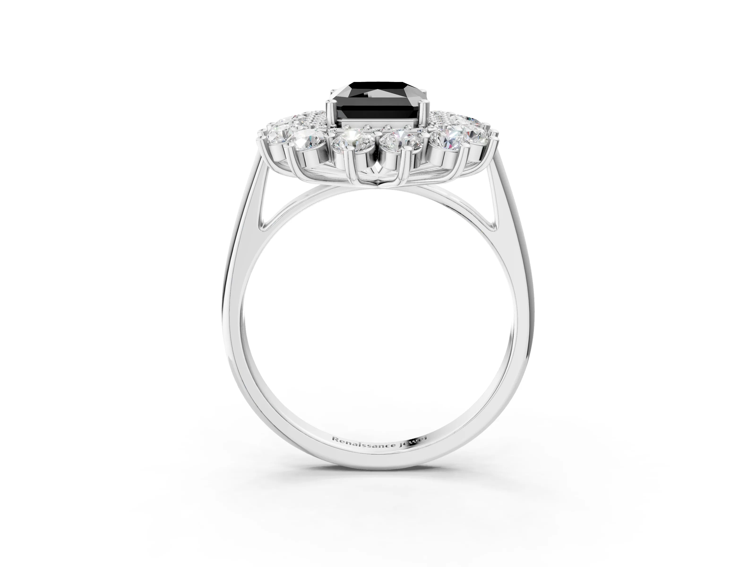 White gold Fancy Black Radiant Cut Halo Cluster Diamond Ring with Pave Band and Four-Prong Setting_3