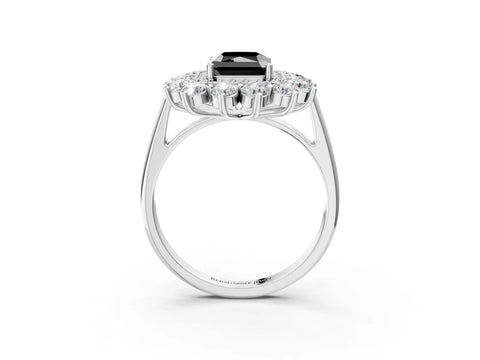 White gold Fancy Black Radiant Cut Halo Cluster Diamond Ring with Pave Band and Four-Prong Setting_3