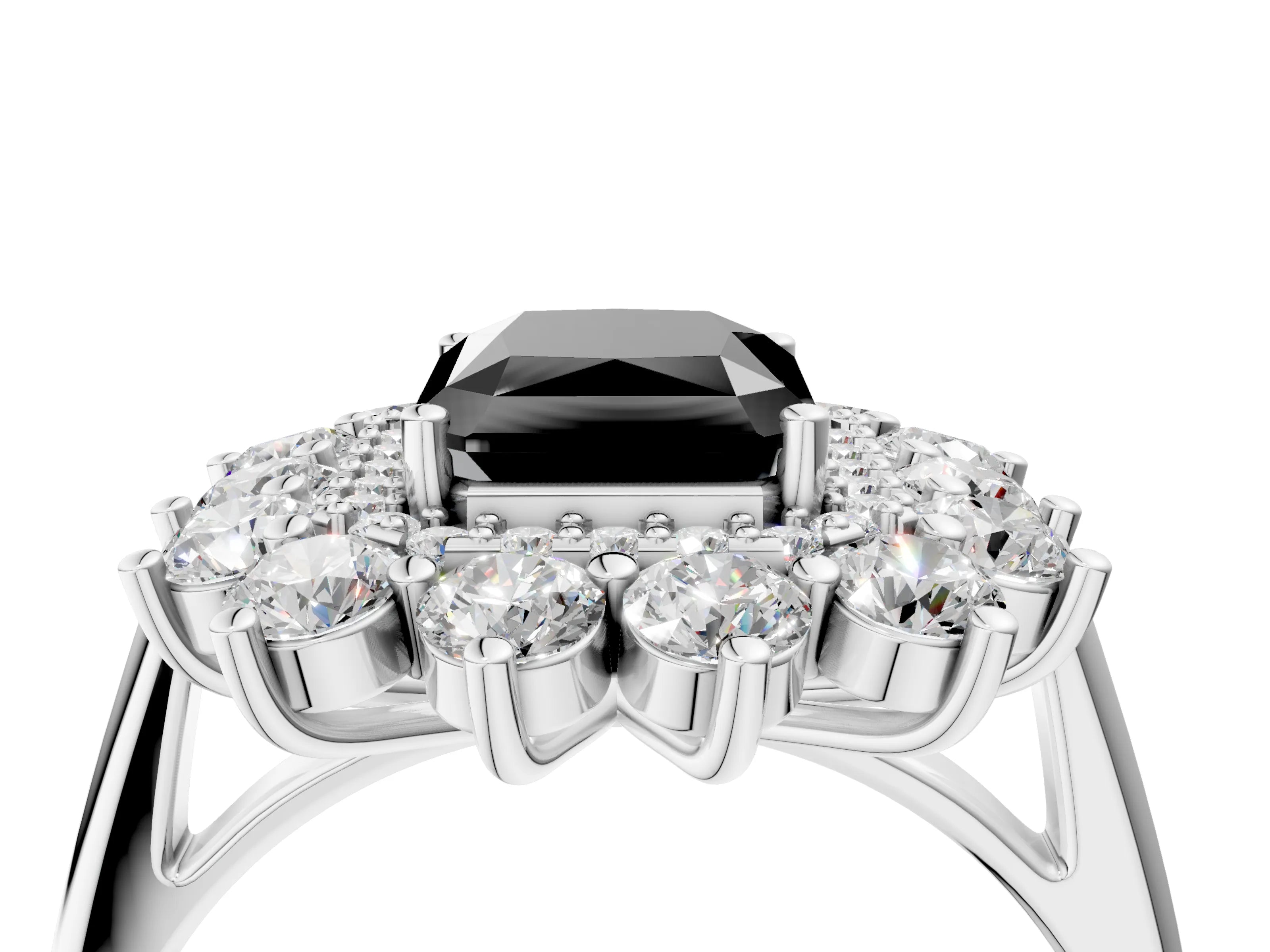 White gold Fancy Black Radiant Cut Halo Cluster Diamond Ring with Pave Band and Four-Prong Setting_4