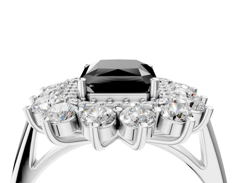 White gold Fancy Black Radiant Cut Halo Cluster Diamond Ring with Pave Band and Four-Prong Setting_4