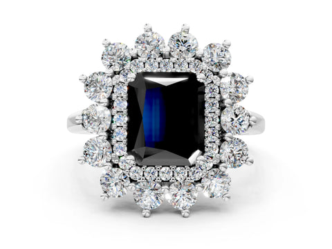 White gold Fancy Black Radiant Cut Halo Cluster Diamond Ring with Pave Band and Four-Prong Setting