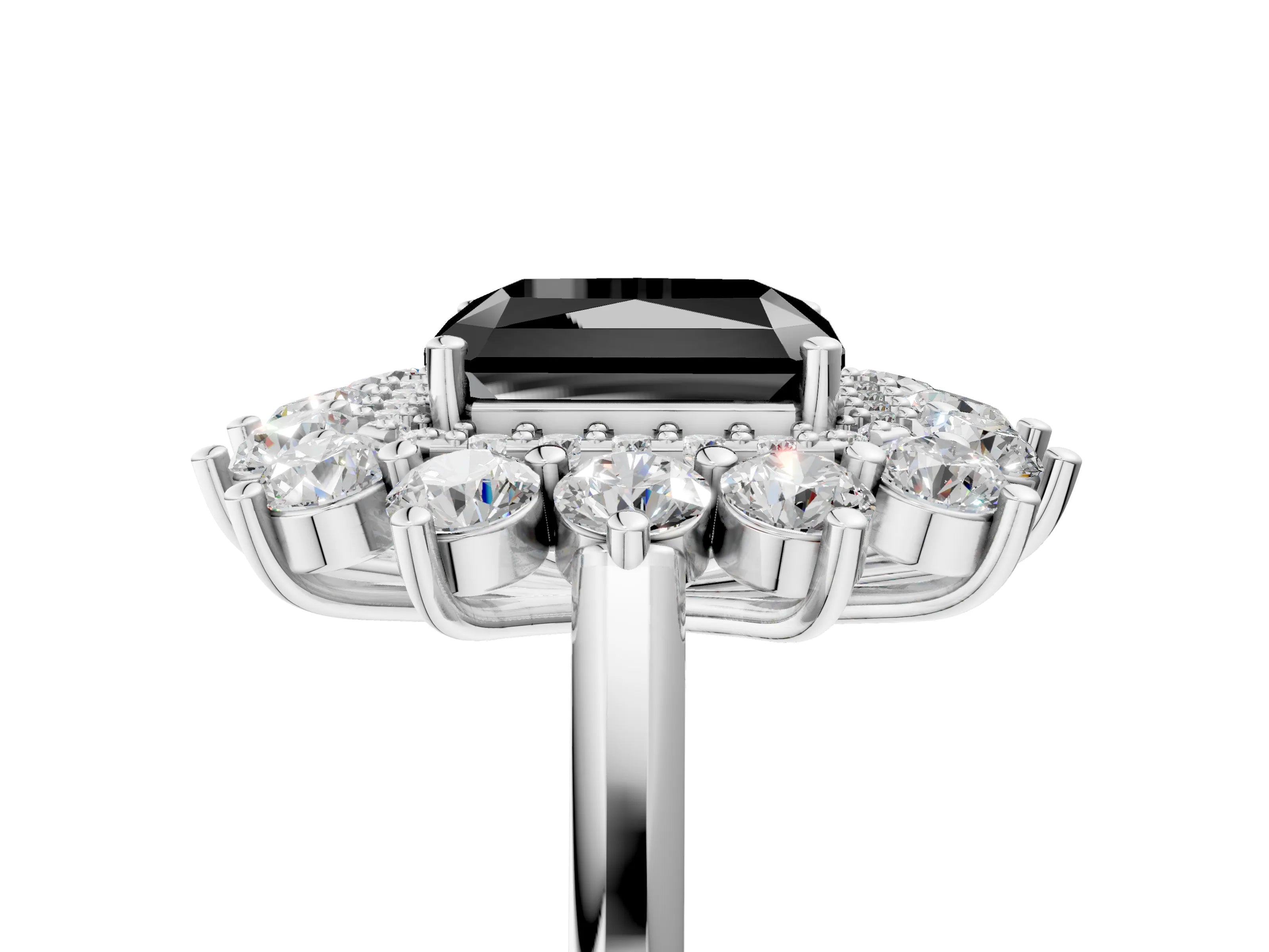 White gold Fancy Black Radiant Cut Halo Cluster Diamond Ring with Pave Band and Four-Prong Setting_5