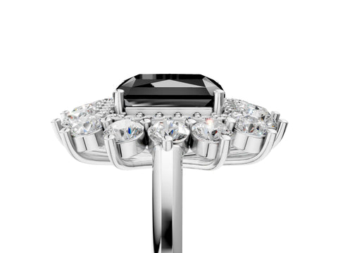 White gold Fancy Black Radiant Cut Halo Cluster Diamond Ring with Pave Band and Four-Prong Setting_5