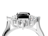 White gold Fancy Black Radiant Cut Halo Diamond Cluster Ring with Marquise and Round Stones on a White Gold Band with Prong Setting_4