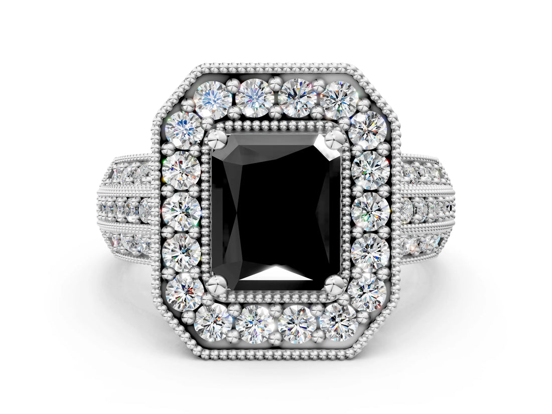 White gold Fancy Black Radiant Cut Halo Diamond Engagement Ring with Pave Split Shank and Four-Prong Setting