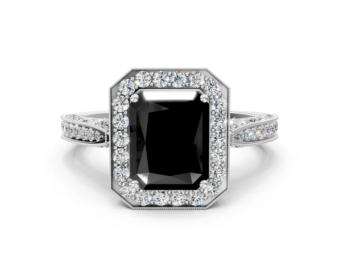 White gold Fancy Black Radiant Cut Halo Diamond Engagement Ring with Split Shank Band and Four-Prong Setting_12