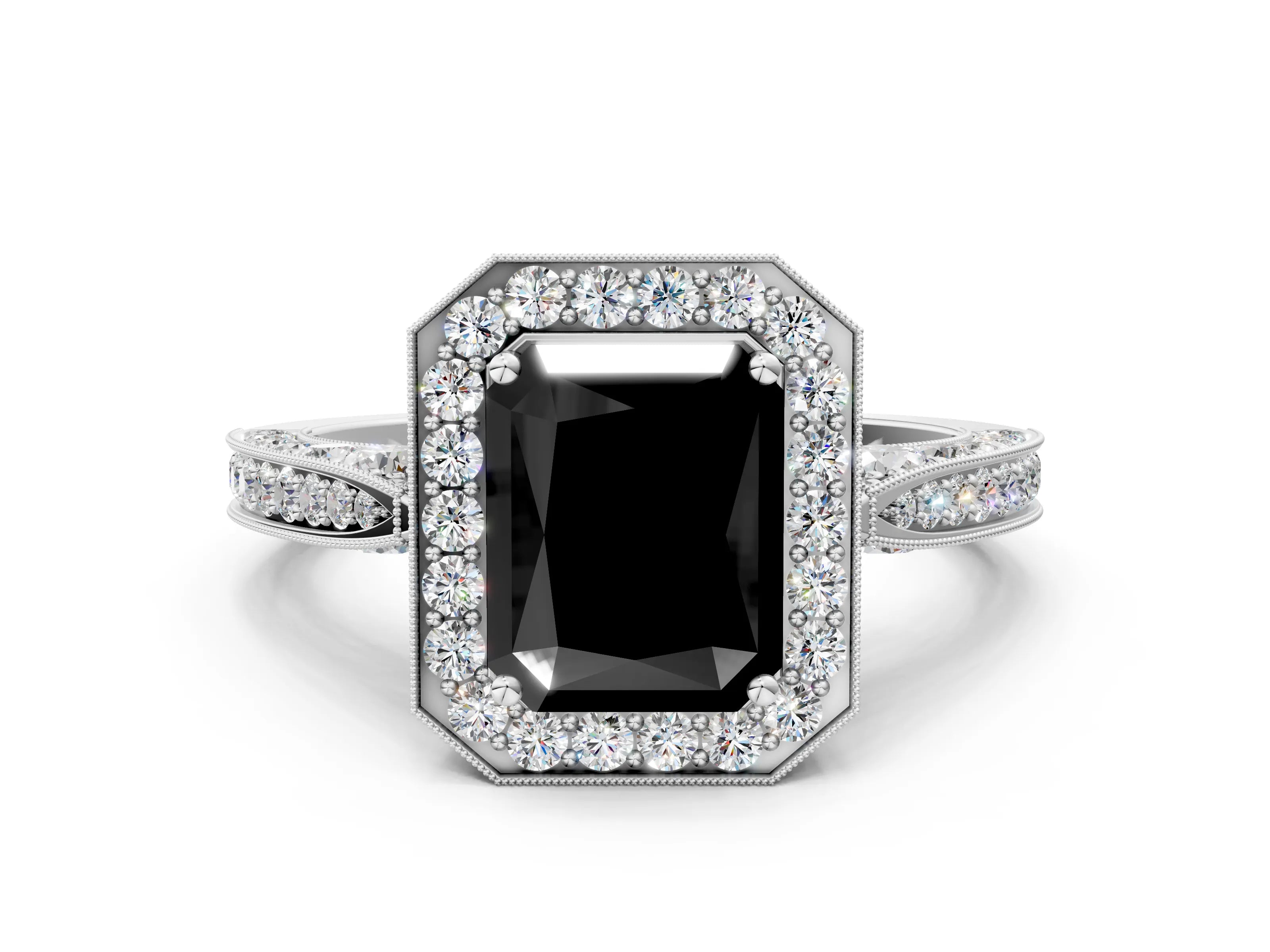 White gold Fancy Black Radiant Cut Halo Diamond Engagement Ring with Split Shank Band and Four-Prong Setting_12