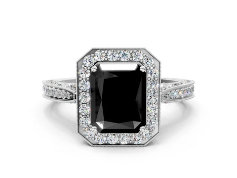 White gold Fancy Black Radiant Cut Halo Diamond Engagement Ring with Split Shank Band and Four-Prong Setting_12