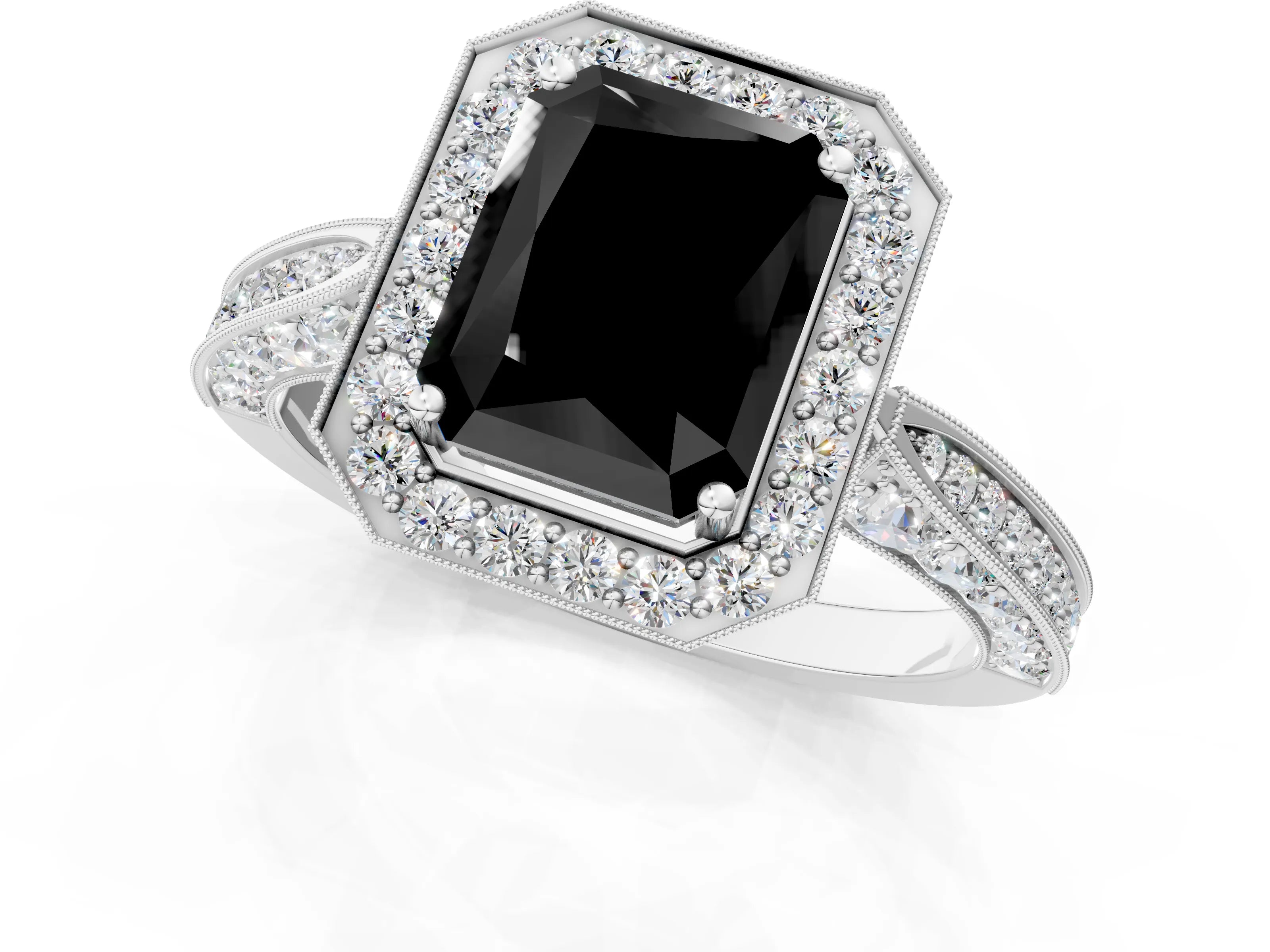 White gold Fancy Black Radiant Cut Halo Diamond Engagement Ring with Split Shank Band and Four-Prong Setting_13