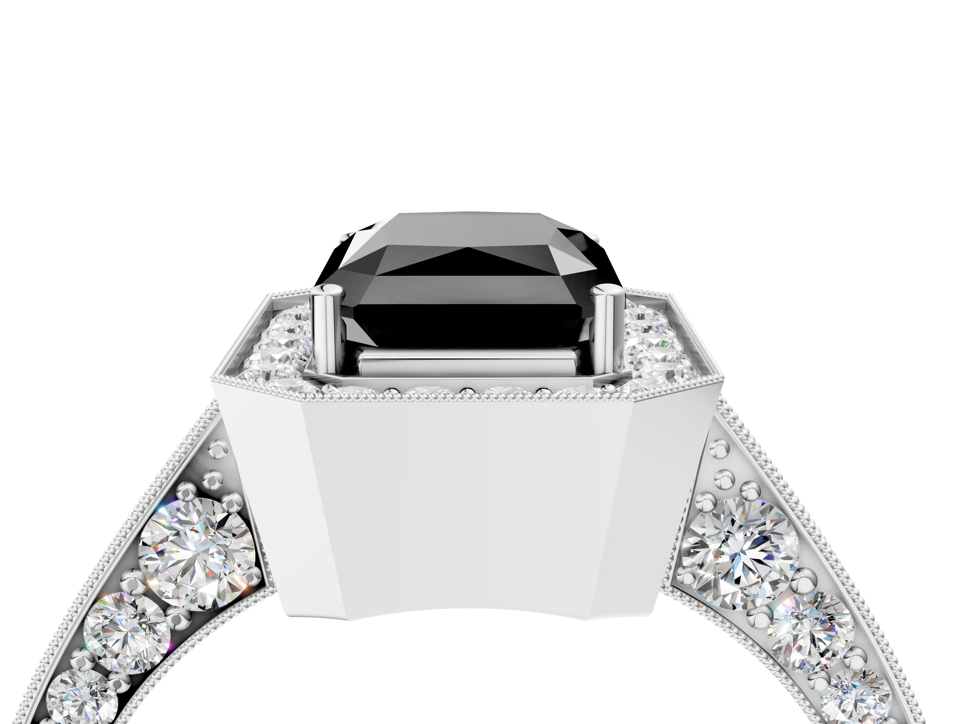 White gold Fancy Black Radiant Cut Halo Diamond Engagement Ring with Split Shank Band and Four-Prong Setting_16