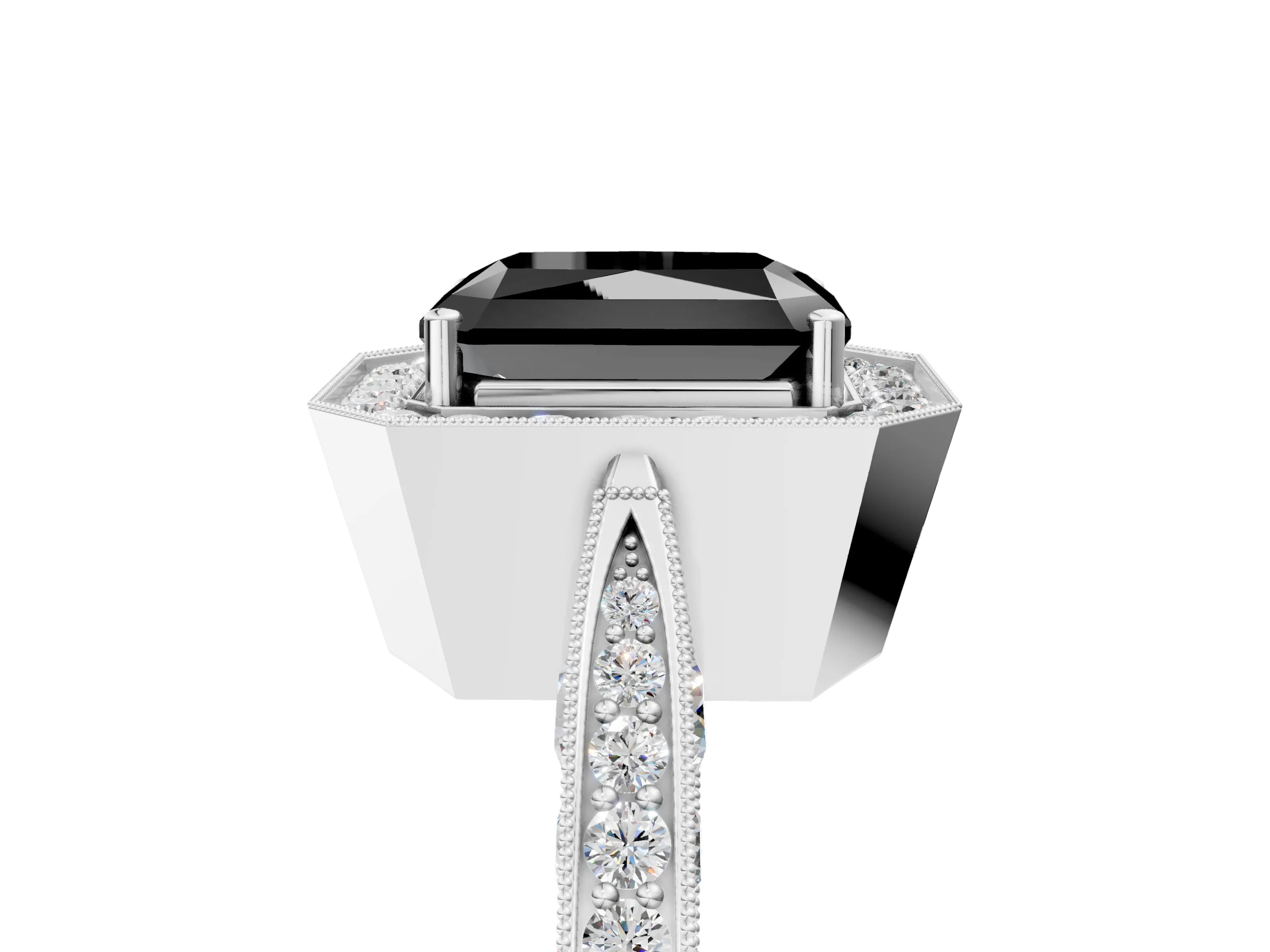 White gold Fancy Black Radiant Cut Halo Diamond Engagement Ring with Split Shank Band and Four-Prong Setting_17