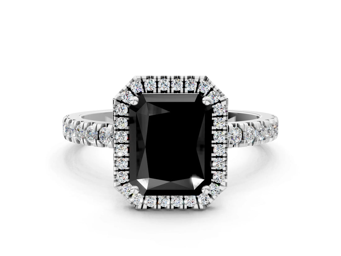 White gold Fancy Black Radiant Cut Halo Diamond Pave Band with Prong Setting