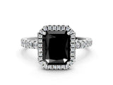 White gold Fancy Black Radiant Cut Halo Diamond Pave Band with Prong Setting