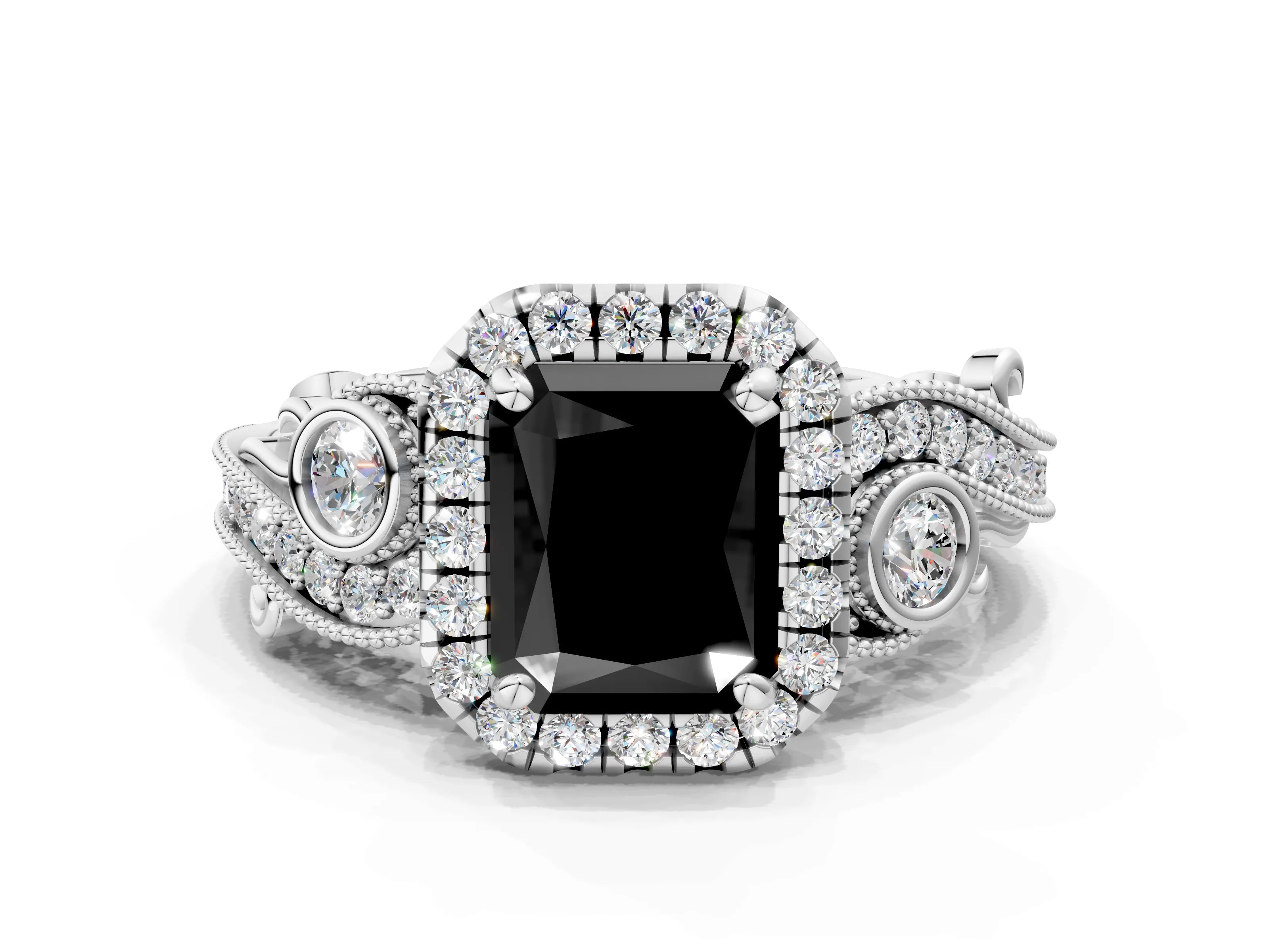 White gold Fancy Black Radiant Cut Halo Diamond Ring with Milgrain and Bezel Accents on a Split Shank Band
