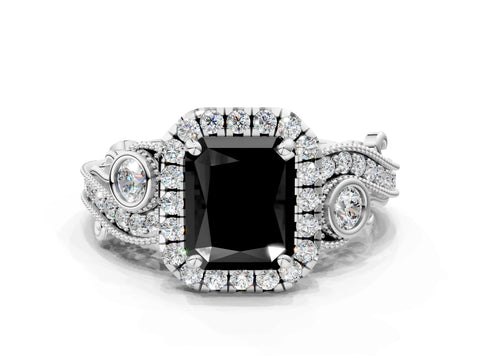 White gold Fancy Black Radiant Cut Halo Diamond Ring with Milgrain and Bezel Accents on a Split Shank Band