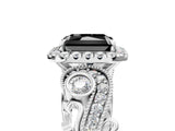 White gold Fancy Black Radiant Cut Halo Diamond Ring with Milgrain and Bezel Accents on a Split Shank Band_10