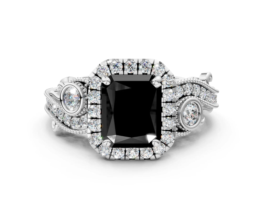 White gold Fancy Black Radiant Cut Halo Diamond Ring with Milgrain and Bezel Accents on a Split Shank Band_12