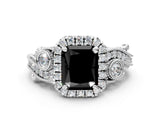 White gold Fancy Black Radiant Cut Halo Diamond Ring with Milgrain and Bezel Accents on a Split Shank Band_12