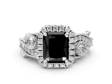 White gold Fancy Black Radiant Cut Halo Diamond Ring with Milgrain and Bezel Accents on a Split Shank Band_12