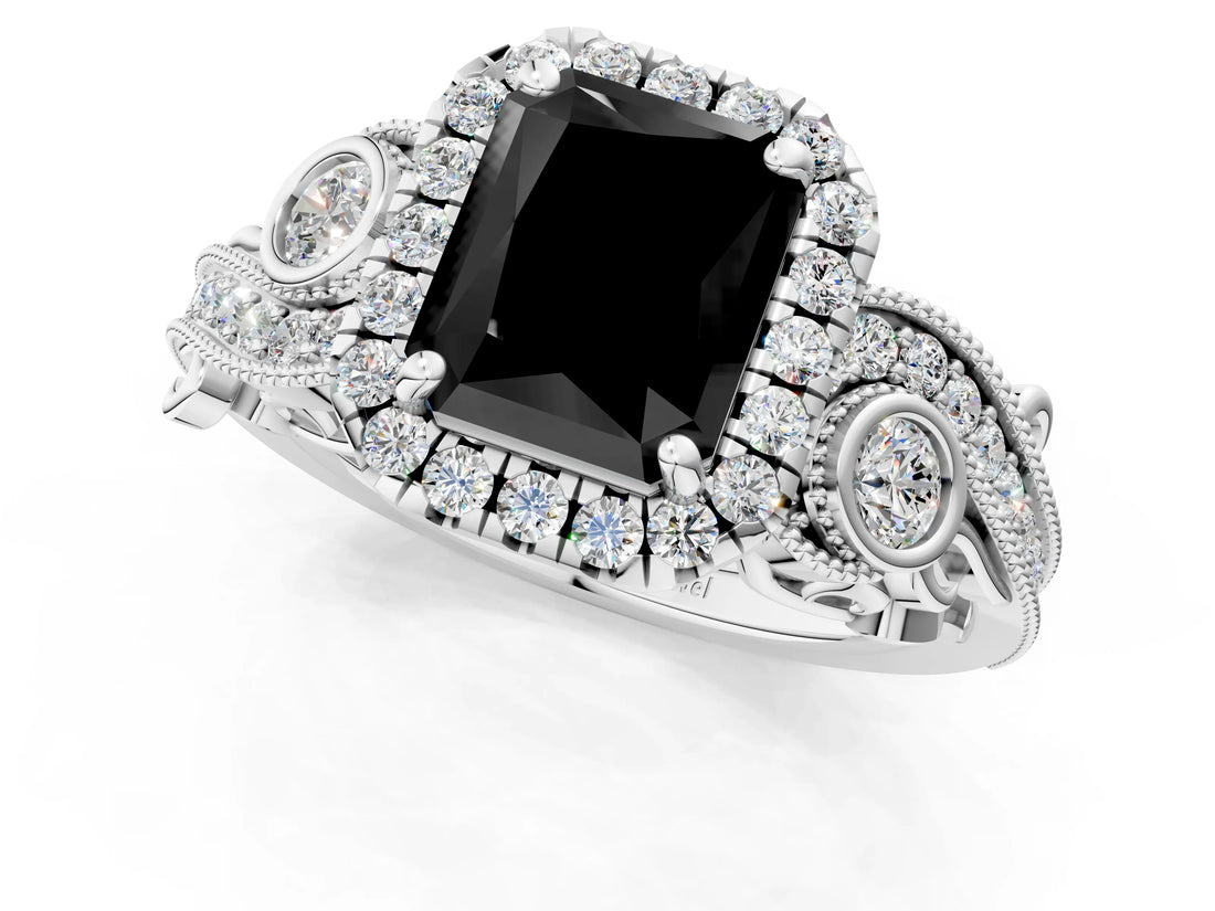 White gold Fancy Black Radiant Cut Halo Diamond Ring with Milgrain and Bezel Accents on a Split Shank Band_13