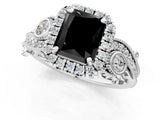 White gold Fancy Black Radiant Cut Halo Diamond Ring with Milgrain and Bezel Accents on a Split Shank Band_13