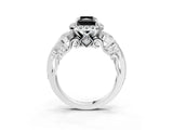 White gold Fancy Black Radiant Cut Halo Diamond Ring with Milgrain and Bezel Accents on a Split Shank Band_15